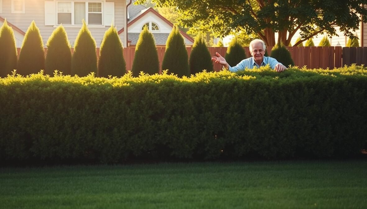 A backyard scene featuring a neatly trimmed hedge along the property line, with a neighbor standing on the other side, peering over the top. The hedge casts soft, natural shadows across the well-manicured lawn. The neighbor's expression is one of friendly concern, as they gently gesture towards the hedge, indicating it has grown beyond the boundary. The warm, golden light of a late afternoon sun illuminates the scene, creating a sense of peaceful coexistence. The overall atmosphere conveys a neighborly interaction, where a polite request is made to maintain the shared boundary.