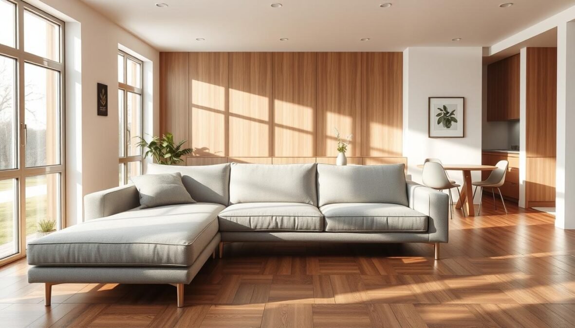 A compact, contemporary sofa stands in a cozy 20 square meter living room with an integrated dining area. The sofa's sleek lines and neutral upholstery complement the minimalist aesthetic of the space, while its generous dimensions provide ample seating. Soft, natural light filters through large windows, casting a warm glow and highlighting the carefully selected materials - rich, wood-grained surfaces and plush, textured fabrics. The overall composition showcases a harmonious balance of form and function, creating a multi-purpose yet inviting environment.