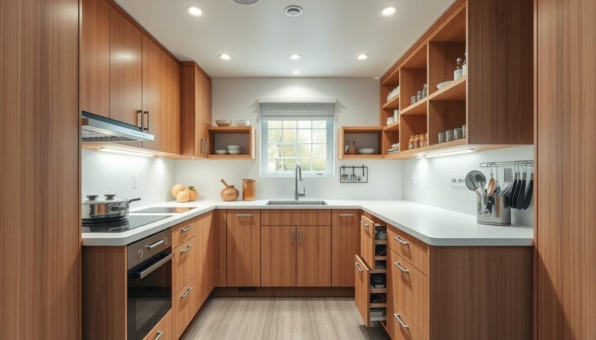 A cozy and functional small kitchen, filled with innovative storage solutions that maximize every inch of space. Sleek, minimalist cabinets and drawers in warm wooden tones line the walls, complemented by a simple, uncluttered countertop. Recessed lighting casts a soft, natural glow, highlighting the clean, modern aesthetic. Cleverly integrated shelves and pull-out organizers provide ample storage for cookware, utensils, and pantry items, creating a seamless, organized flow. The overall atmosphere is one of efficiency and practicality, with a touch of warmth and personality that makes the most of a compact kitchen layout.
