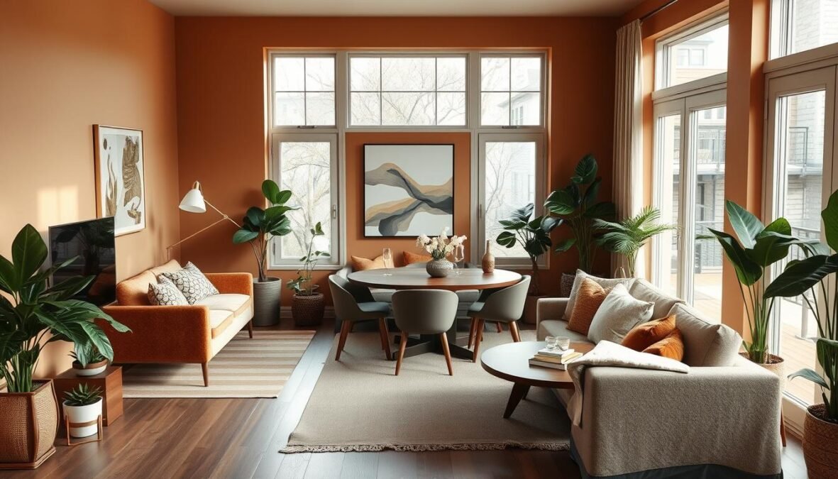 A cozy and inviting 20 sqm living room with a dining area, bathed in soft, natural light from large windows. Warm, earthy tones of ochre, sage, and russet on the walls create a soothing atmosphere, complemented by textured fabrics in plush velvets and woven linens. Carefully curated mid-century modern furnishings, including a sleek, angular sofa and a rounded, wooden dining table, lend a sense of timeless elegance. Subtle metallic accents in brass and copper add depth and a touch of glamour, while an abundance of leafy potted plants bring the outdoors in. The overall composition evokes a harmonious blend of comfort, style, and a feeling of spaciousness in this intimate living space.