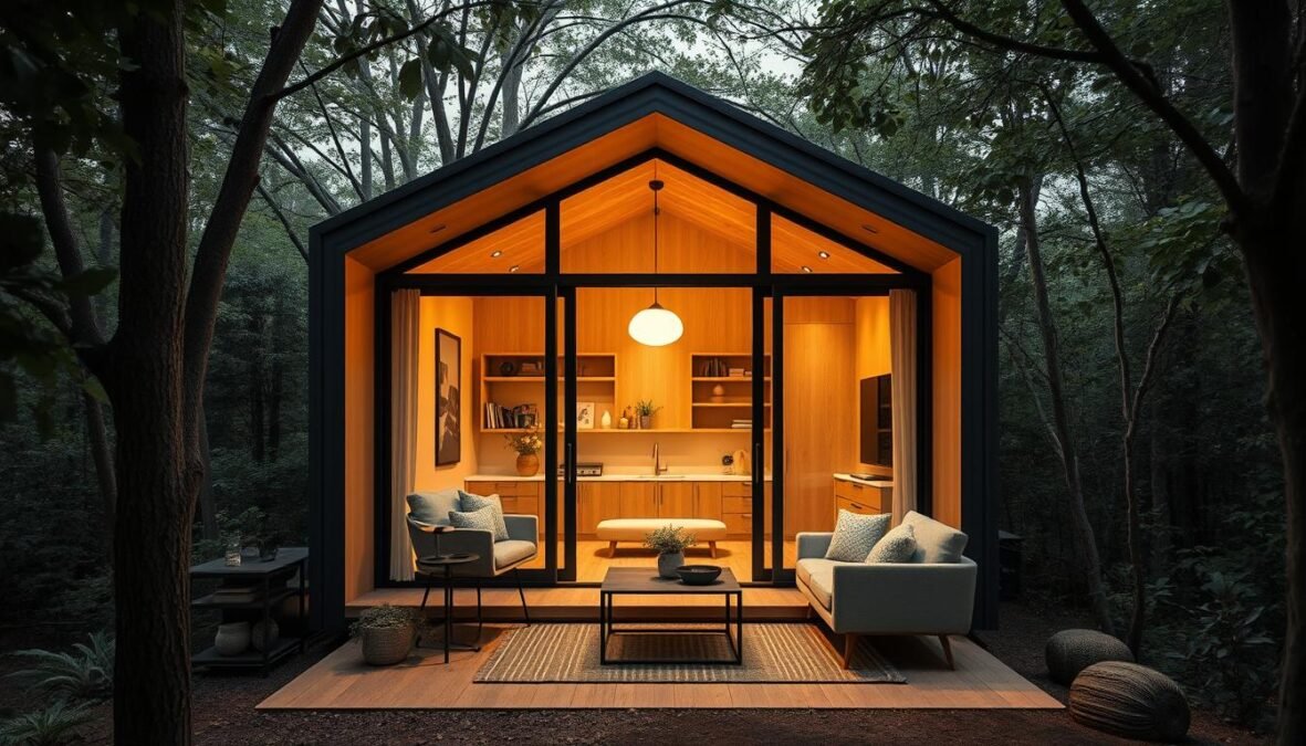 A cozy and technologically advanced tiny house nestled in a lush, natural setting. The exterior features a sleek, modern design with large windows that flood the interior with warm, natural light. The interior showcases a seamless integration of smart home technologies, from voice-controlled lighting and climate systems to integrated entertainment and security features. Minimalist furnishings and neutral tones create a sense of elegance and tranquility, while subtle details like natural wood accents and textured fabrics add warmth and character. The overall atmosphere is one of luxurious, yet practical, living in a compact, efficient space.