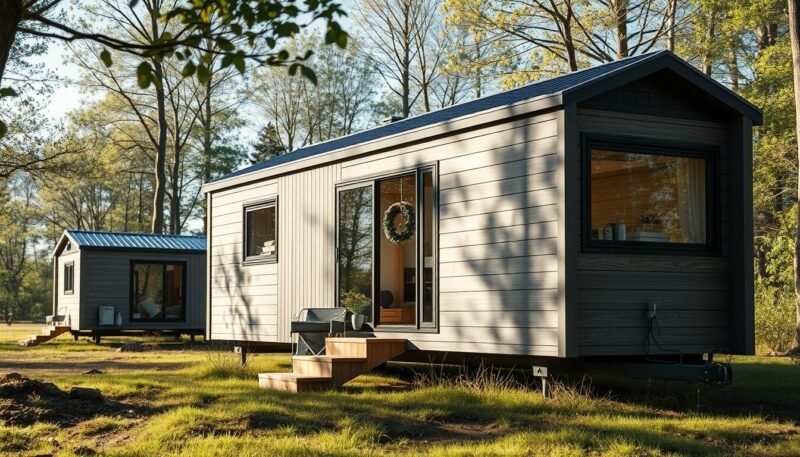 A detailed, photorealistic image of a Tiny House Bausatz (tiny house kit) displayed in a natural setting. The kit is shown from multiple angles, highlighting its modular construction, high-quality materials, and sleek, modern design. The scene is bathed in soft, natural lighting, captured with a DSLR 85mm lens, creating a sense of depth and emphasizing the product's craftsmanship. The image includes realistic imperfections and textures, adding to the sense of authenticity, without any captions, overlays, or text.