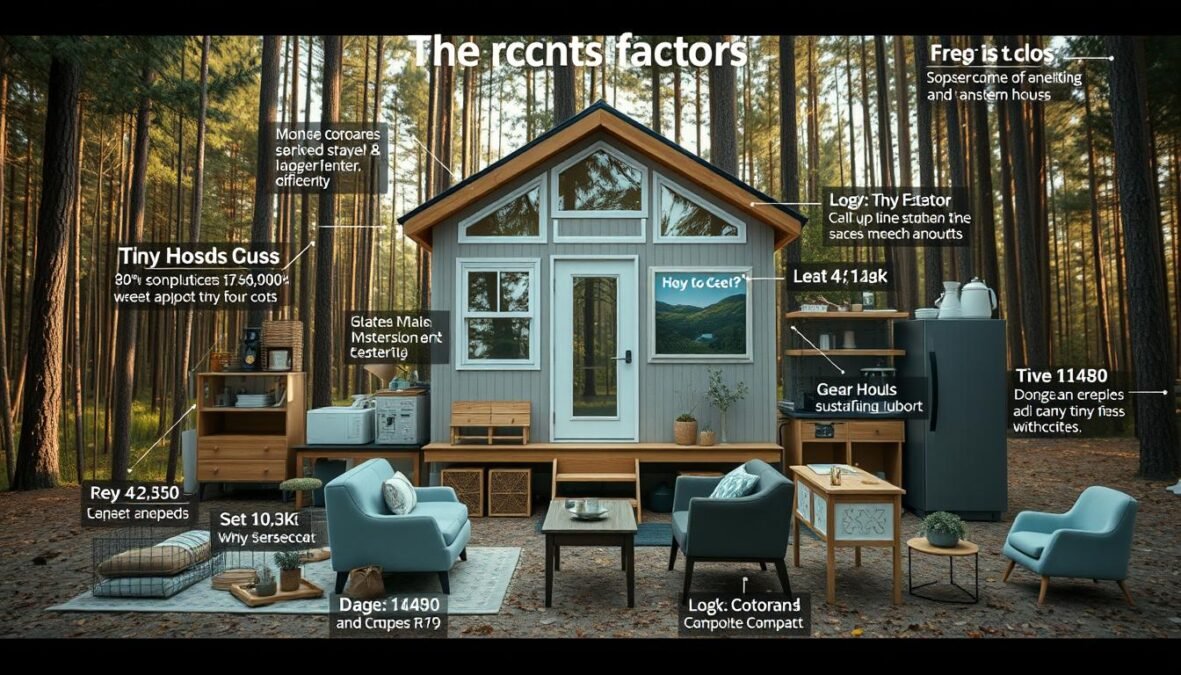 A detailed, well-organized layout showcasing the key cost factors for a modern, compact tiny house in a natural, outdoor setting. The scene features a central focus on the various construction materials, furnishings, and appliances that contribute to the overall price, captured with a DSLR 85mm lens in natural, soft lighting to convey a realistic, documentary-style aesthetic. The background includes a serene, wooded environment to complement the sustainable, eco-friendly nature of tiny house living. Realistic imperfections and textures throughout the image enhance the authenticity.