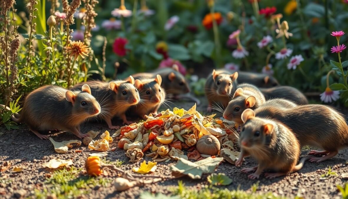 A lush garden scene, with a group of curious rats gathered around a pile of enticing food scraps. The rats are the focal point, their movements and expressions conveying a sense of eager anticipation. The lighting is natural, casting warm, soft shadows across the scene. The background is detailed, with a variety of plants, flowers, and other garden elements, creating a sense of depth and environmental context. The overall tone is realistic, with subtle textures and imperfections that add to the authenticity of the image. No text or overlays, just a captivating visual representation of the "Ratten anlocken Ursachen" subject.