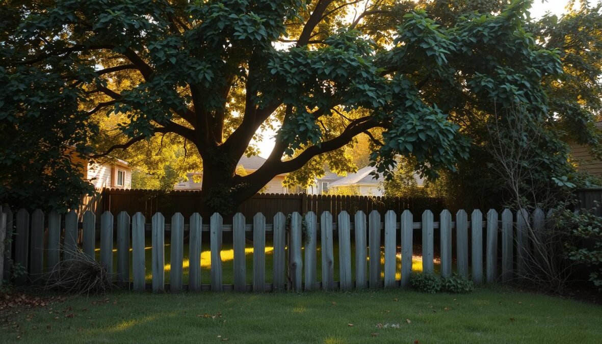 A lush, overgrown backyard with a towering Elderberry tree casting dappled shadows across the fence and neighboring properties. Thick foliage spills over the boundary lines, blurring the divisions between plots. The scene has a slightly unkempt, naturalistic feel, with stray branches and fallen leaves scattered across the grass. Warm, golden sunlight filters through the canopy, creating a serene, contemplative atmosphere. In the foreground, a weathered wooden fence separates the properties, hinting at potential tensions or disputes between neighbors. The image conveys a sense of encroachment and the challenges of maintaining harmonious relationships when natural elements disregard human-made boundaries.