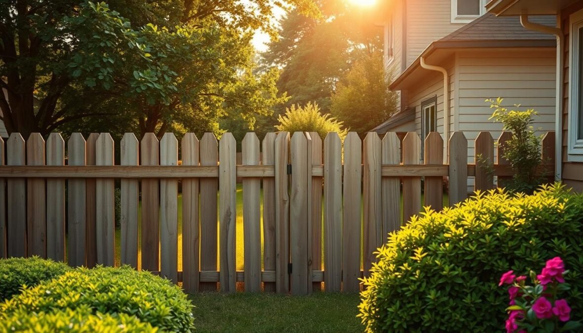 A lush, verdant backyard setting with a sturdy, well-constructed wooden fence dividing the property lines between two neighboring homes. The fence is weathered, with natural imperfections and a rustic charm, reflecting the passage of time. Sunlight filters through the trees, casting a warm, golden glow over the scene. In the foreground, carefully manicured hedges and vibrant flowers add a touch of life and vibrancy, hinting at the care and attention the homeowners have invested in their outdoor spaces. The overall atmosphere conveys a sense of tranquility and the potential for harmonious coexistence, despite the physical separation of the property boundaries.