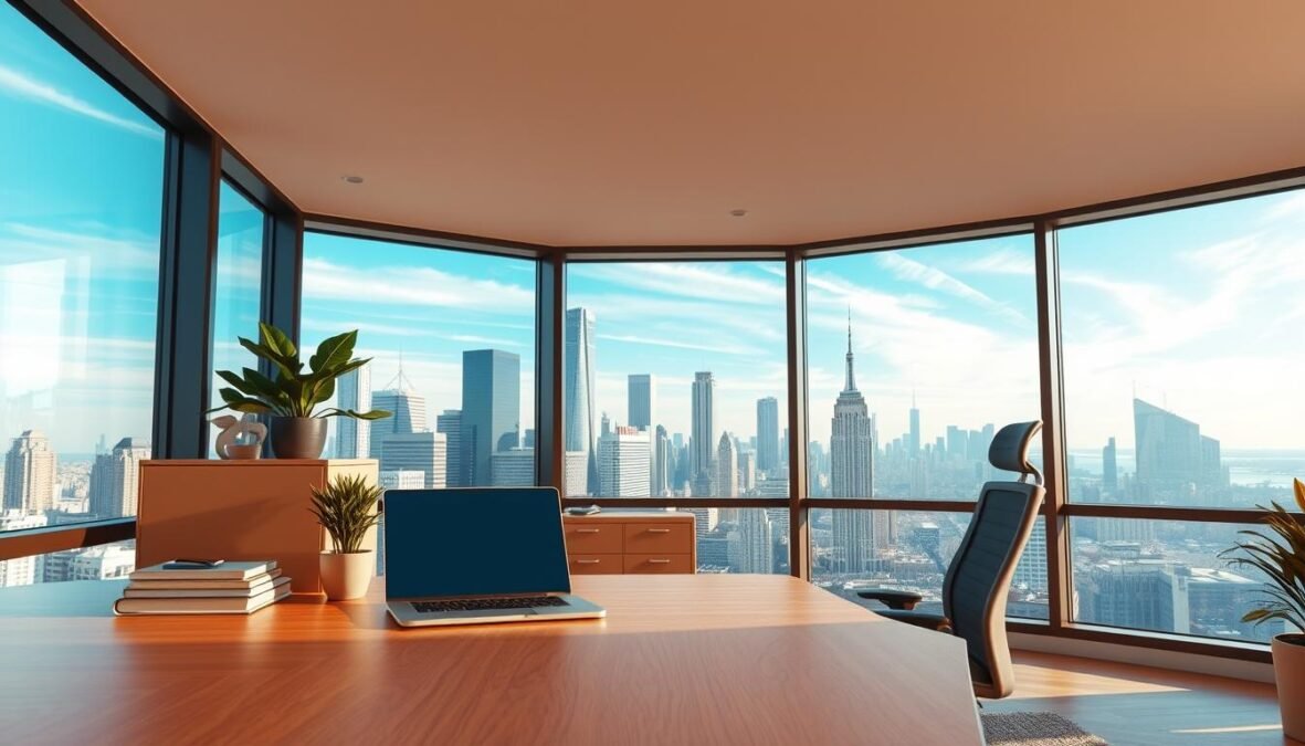 A modern, minimalist office interior with a large window overlooking a bustling city skyline. In the foreground, a sleek wooden desk with a laptop, a desk plant, and a few neatly stacked office supplies. The middle ground features an ergonomic office chair and a filing cabinet in a muted color palette. The background showcases the cityscape, with skyscrapers and a blue sky with wispy clouds. The scene is bathed in natural, warm lighting from the window, creating a cozy and productive atmosphere. The overall impression is one of efficiency, organization, and a touch of urban sophistication.