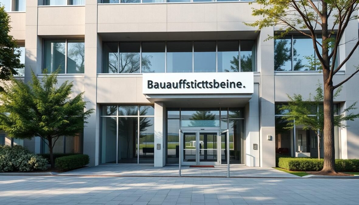 A modern, well-designed office building with clean lines and large windows. The entrance is prominently featured, with a sign reading "Bauaufsichtsbehörde" clearly visible. The building is situated in a urban setting, with a paved walkway leading up to the entrance and surrounded by trees and greenery. The lighting is natural, with soft shadows and highlights illuminating the architecture. The overall atmosphere conveys a sense of professionalism and authority associated with a government administrative office.