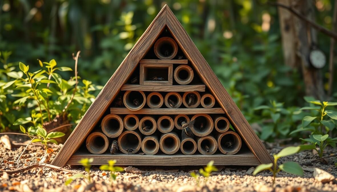 A simple, minimalist insect hotel with a triangular wooden frame in a natural, earthy setting. The structure features various compartments and nooks for insects to take shelter, with a weathered, rustic appearance that blends seamlessly into the surrounding foliage. Warm, soft natural lighting illuminates the intricate details of the textured wood and the lush, verdant backdrop. The overall composition conveys a sense of tranquility and harmony, inviting the viewer to imagine the bustling insect activity within.