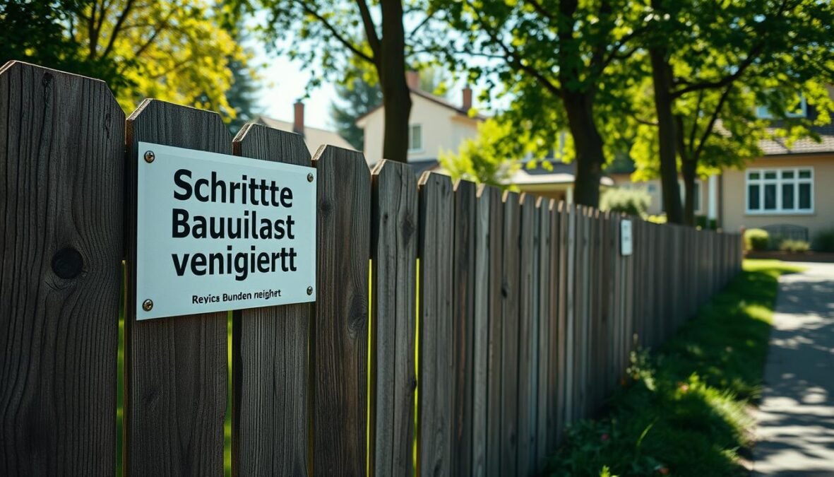 A sun-dappled suburban street, the sidewalk lined with lush greenery. In the foreground, a sturdy wooden fence, its weathered planks depicting a tense scene - a 'Schritte Baulast verweigert' sign, a clear refusal to share the burden of property maintenance. The middle ground reveals a well-manicured lawn, a symbol of the neighborhood's pride, contrasting with the tension brewing between neighbors. In the background, a row of quaint houses, their facades suggesting a peaceful coexistence, yet the looming conflict casts a subtle shadow over the idyllic setting. The scene is captured with a DSLR 85mm lens, the natural lighting casting soft shadows and highlighting the textures of the materials, lending a photorealistic, almost cinematic quality to the image.
