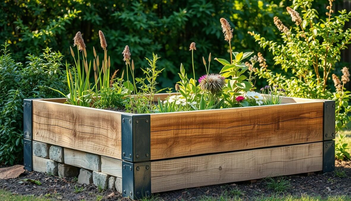 A well-constructed raised garden bed made of various natural materials, showcasing an array of possibilities for the "Materialwahl und Bauweisen" section. The bed sits in a tranquil outdoor setting, with lush foliage and soft, natural lighting highlighting the textures and colors of the materials - weathered wood, rustic stone, sturdy metal, and earthy wooden pallets. The composition draws the viewer's eye to explore the different construction techniques and material choices, inspiring creativity and practical solutions for the "Hochbeet selber bauen Ideen" article. Photorealistic details, natural imperfections, and a DSLR 85mm lens perspective create a visually engaging and authentic representation of the subject matter.