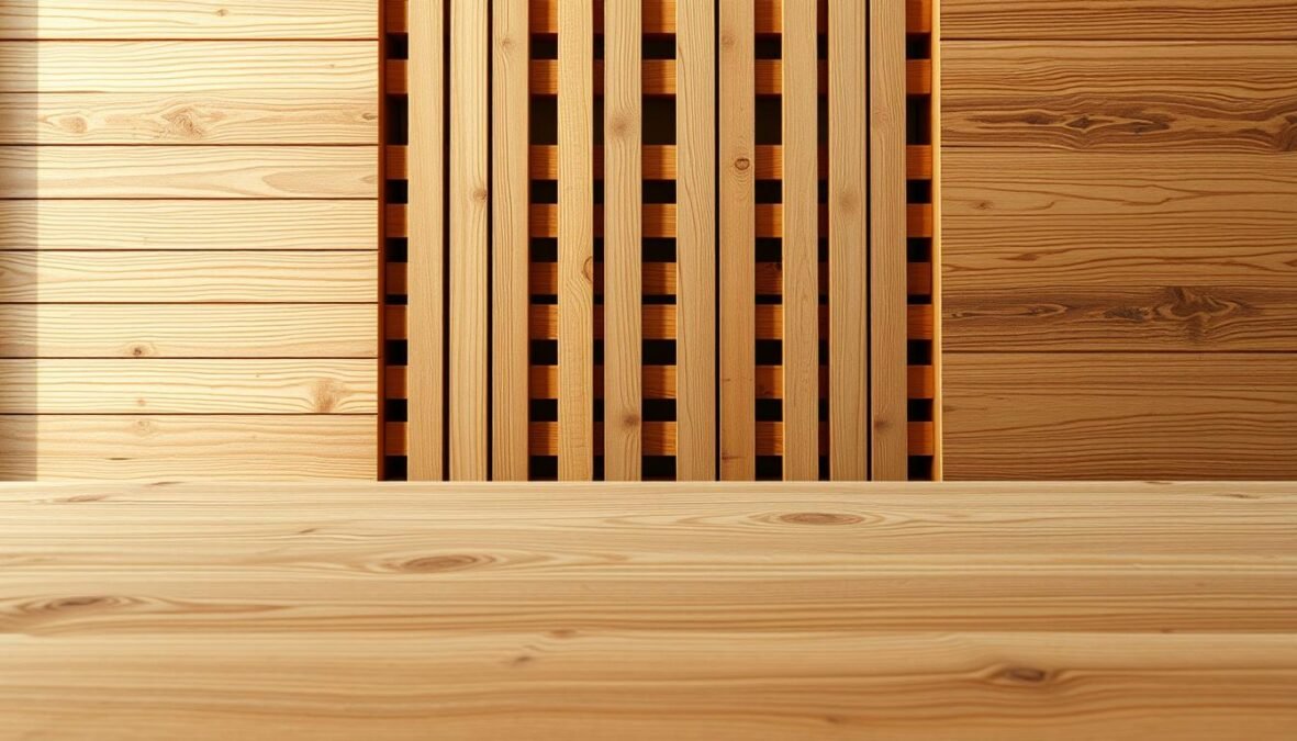 A well-crafted and natural wood screen, featuring a diverse array of grain patterns and textures. The foreground showcases the intricate details of the wood's surface, with its subtle knots and varying shades. The middle ground presents a balanced arrangement of wooden slats, expertly assembled to provide both privacy and visual interest. In the background, a softly diffused natural light illuminates the scene, casting gentle shadows and highlighting the wood's warm tones. The overall composition conveys a sense of rustic elegance, perfectly suited for the "Grundlagen: Materialien, Werkzeug und Nachhaltigkeit" section of the article.