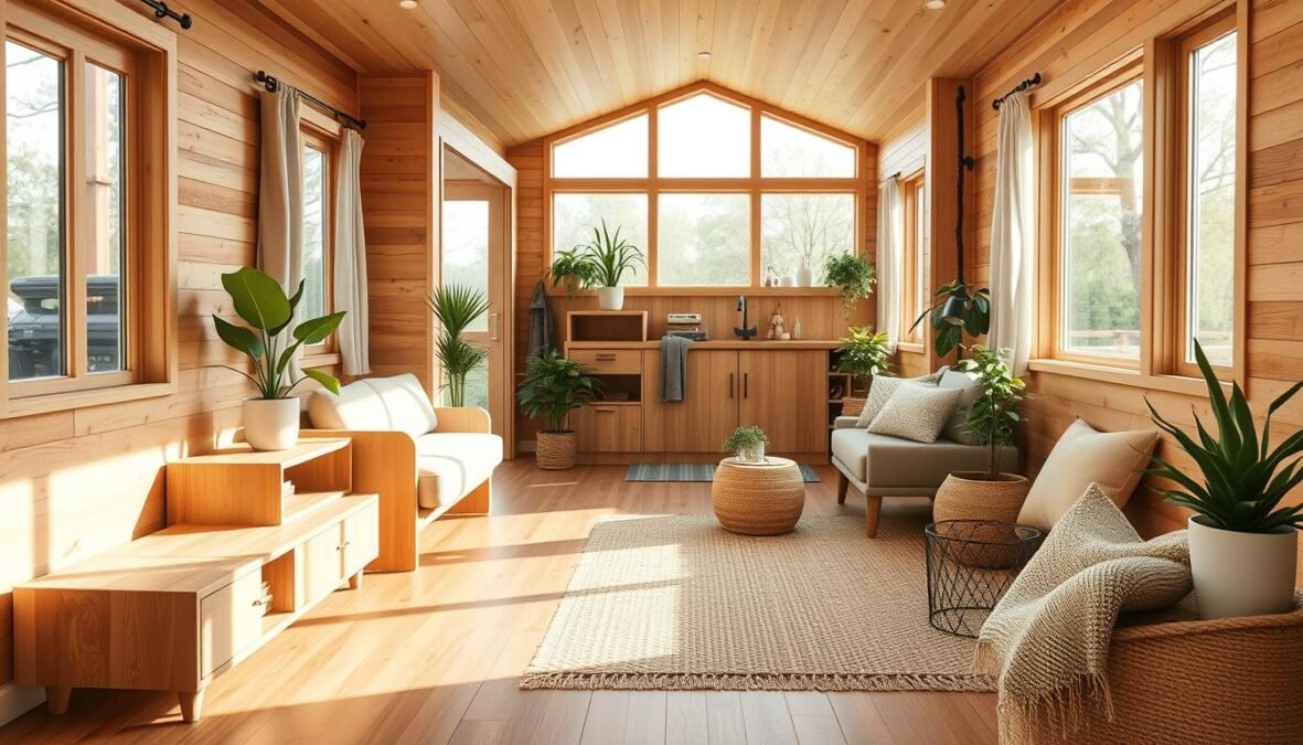 A well-lit, airy and spacious tiny house interior showcasing a range of sustainable materials. The warm wooden floors, walls, and furniture create a cozy, natural ambiance. Plush, earthy-toned textiles, such as linen curtains and a woven area rug, complement the timber elements. Touches of greenery, like potted plants, add pops of vibrant color. Large windows flood the space with soft, diffused daylight, casting gentle shadows and highlighting the intricate grain patterns of the wood. The overall atmosphere exudes a sense of harmony, simplicity, and environmental consciousness.