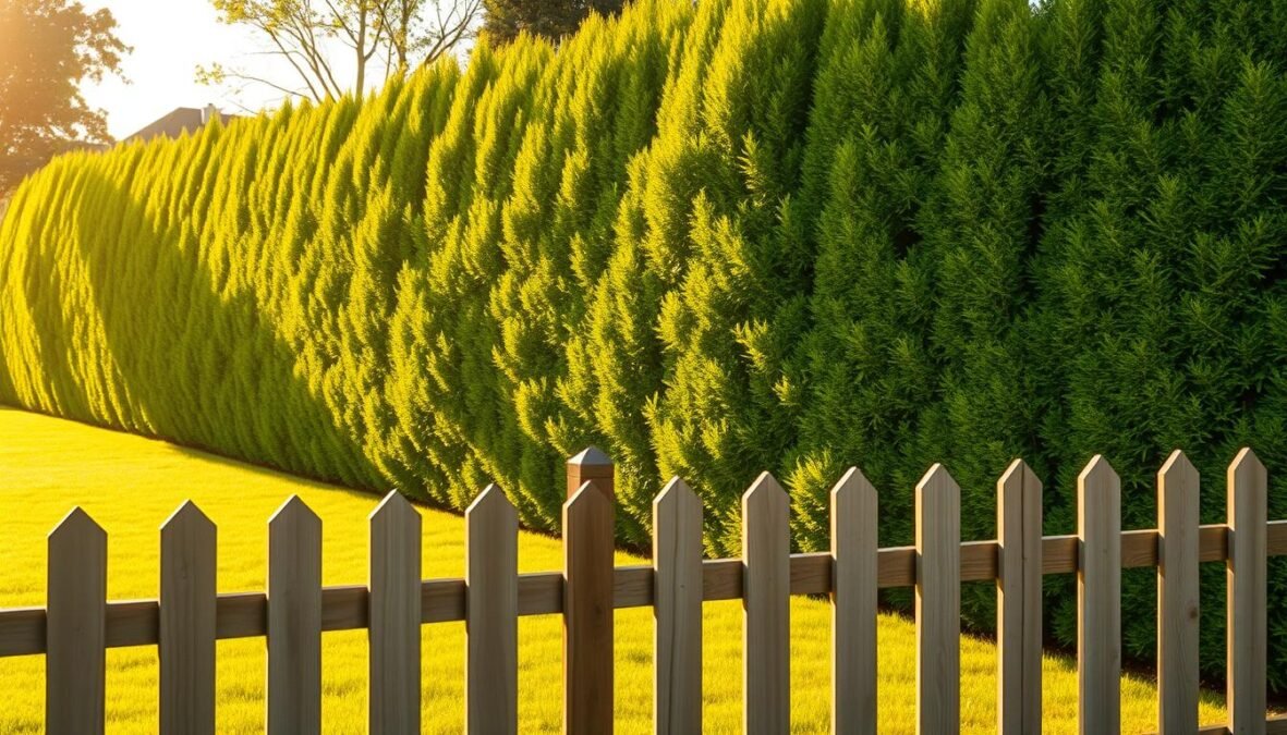A well-maintained, lush green hedge stands tall, its neatly trimmed branches casting soft shadows across the manicured lawn. The golden afternoon sunlight filters through the foliage, creating a warm, inviting atmosphere. In the foreground, a wooden fence serves as a subtle boundary, hinting at a neighboring property where the responsibility for the hedge's upkeep may lie. The scene conveys a sense of order and attention to detail, yet suggests a potential conflict between neighbors regarding the maintenance of the shared hedge. The image is captured with a DSLR 85mm lens, providing a natural, photorealistic perspective with realistic imperfections.