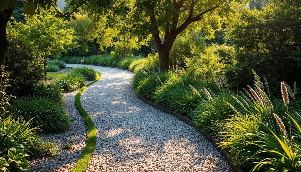 An idyllic garden path winds through lush greenery, its pebbled surface glistening under the warm, natural light. Shafts of sunlight filter through the canopy of trees, casting dappled shadows that add depth and texture to the scene. The path meanders gently, inviting the viewer to stroll and explore the tranquil, well-tended garden. Subtle imperfections in the pebbles and slightly uneven edges lend an organic, handcrafted feel, while the overall composition maintains a sense of balance and harmony. This simple, cost-effective solution for garden landscaping creates a charming and welcoming atmosphere, perfectly capturing the essence of the "Günstige Wege, Flächen und Beläge" section.