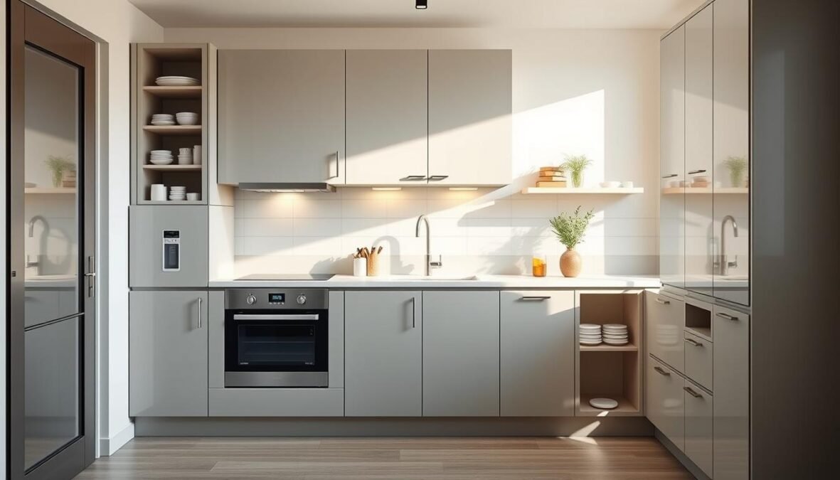 Compact kitchen furniture with space-saving designs, featuring sleek built-in cabinetry, minimalist countertops, and modular storage solutions. A photorealistic scene captured with a DSLR 85mm lens, showcasing the efficient use of limited space through flexible and multifunctional elements. Natural lighting highlights the clean lines and smooth surfaces, creating a warm and inviting atmosphere. The overall impression conveys a practical and well-organized kitchen, tailored to the needs of a small living space.