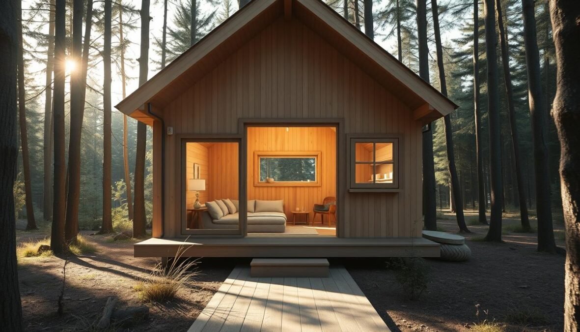 Holzhaus Tiny House nestled in a serene forest, its warm, wooden facade blending seamlessly with the natural surroundings. Sunlight filters through the large windows, casting a cozy glow across the minimalist, yet inviting interior. The structure's clean lines and meticulous craftsmanship reflect the attention to detail and emphasis on sustainable materials. A DSLR 85mm lens captures the scene, highlighting the realistic imperfections that add character to the design. The overall mood is one of tranquility and harmony, embodying the essence of a year-round, dream home.