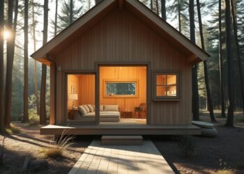 Holzhaus Tiny House nestled in a serene forest, its warm, wooden facade blending seamlessly with the natural surroundings. Sunlight filters through the large windows, casting a cozy glow across the minimalist, yet inviting interior. The structure's clean lines and meticulous craftsmanship reflect the attention to detail and emphasis on sustainable materials. A DSLR 85mm lens captures the scene, highlighting the realistic imperfections that add character to the design. The overall mood is one of tranquility and harmony, embodying the essence of a year-round, dream home.