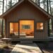 Holzhaus Tiny House nestled in a serene forest, its warm, wooden facade blending seamlessly with the natural surroundings. Sunlight filters through the large windows, casting a cozy glow across the minimalist, yet inviting interior. The structure's clean lines and meticulous craftsmanship reflect the attention to detail and emphasis on sustainable materials. A DSLR 85mm lens captures the scene, highlighting the realistic imperfections that add character to the design. The overall mood is one of tranquility and harmony, embodying the essence of a year-round, dream home.