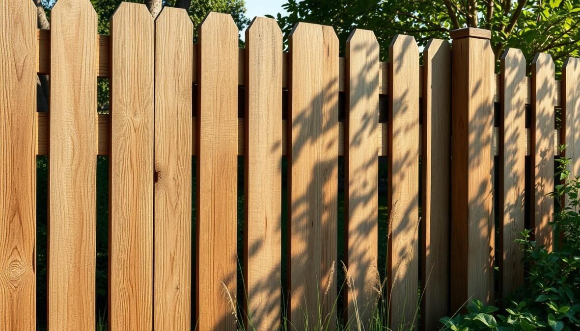 Holzschutz Zaun: A rustic wooden fence with a natural, weathered appearance, nestled amidst a lush garden setting. The fence panels are constructed from sturdy, unfinished oak boards, each with distinct grains and textures that capture the essence of the outdoors. Sunlight filters through the gaps, casting warm, dappled shadows across the fence's surface. The scene exudes a sense of tranquility and effortless charm, perfectly complementing the "Tipps zur Haltbarkeit und Pflege bei niedrigen Kosten" section of the article.