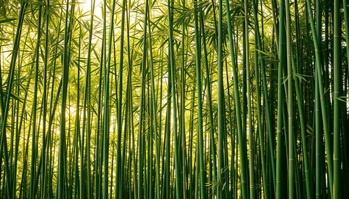 Lush and verdant bamboo stalks standing tall, their graceful canes swaying gently in the breeze. Sunlight filters through the dense foliage, casting a warm, natural glow and highlighting the intricate textures of the bamboo. The scene exudes a sense of tranquility and privacy, perfectly capturing the essence of a stunning bamboo privacy screen. Photorealistic details showcase the bamboo's distinctive segmented stems, the delicate leaves, and the natural imperfections that add to the organic beauty of this living barrier. Captured with the depth and clarity of an 85mm DSLR lens, this image offers a captivating perspective on an exceptional garden privacy solution.