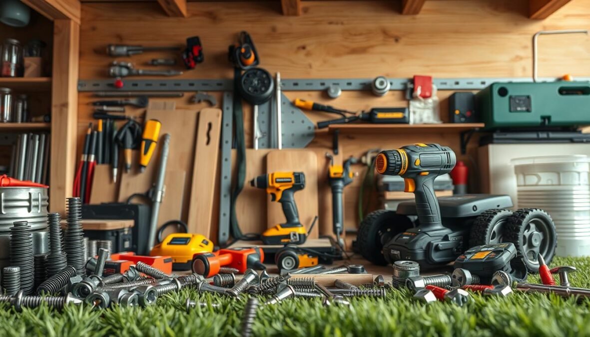 Materialien Mähroboter Garage 2025: A well-organized and neatly arranged collection of tools, hardware, and materials for building a robotic lawn mower garage. The foreground displays a variety of screws, nuts, bolts, and power tools, while the middle ground showcases various construction materials such as wood panels, metal sheets, and electrical components. The background features a subtle, natural-looking setting with a warm, soft lighting that enhances the overall realism. The image conveys a sense of professionalism, attention to detail, and a focus on the essential elements required for this DIY project.