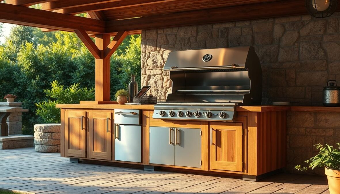 Outdoor kitchen featuring a large, stainless steel grill with adjustable burners, surrounded by a wooden countertop and cabinetry for storage. The grill is situated on a paved patio area, with lush greenery and natural stone accents in the background. Warm, natural lighting casts a cozy, inviting atmosphere, with subtle textures and realistic imperfections adding to the artisanal feel. A DSLR 85mm lens captures the scene in crisp, photorealistic detail.