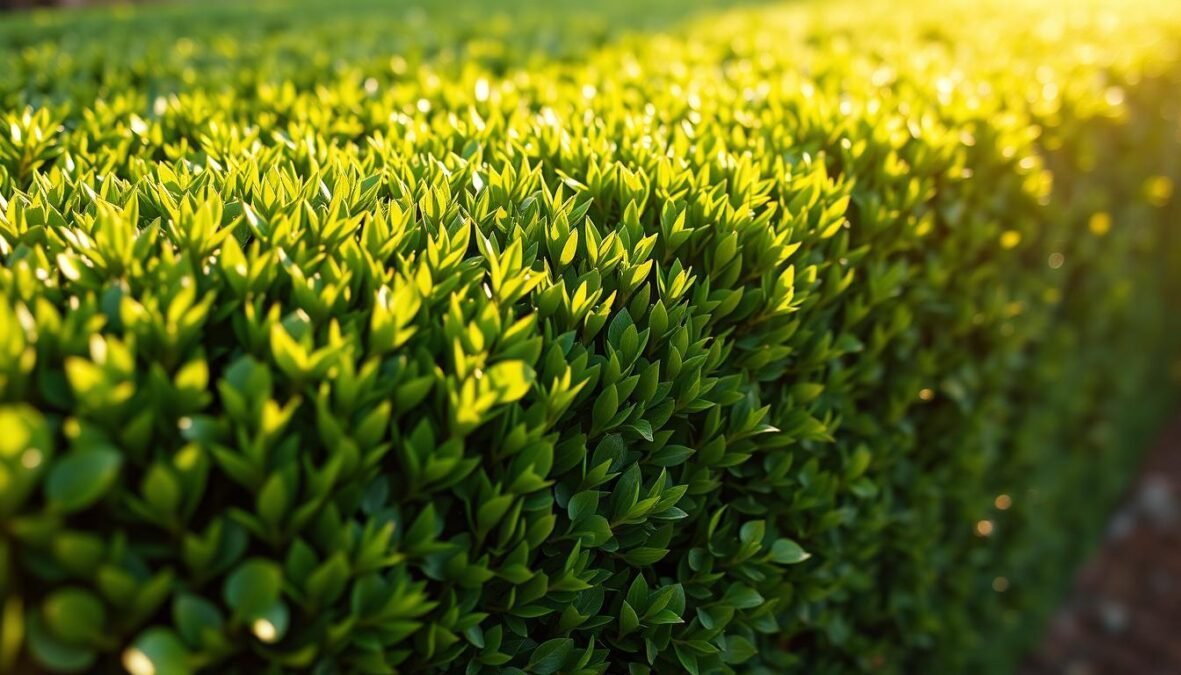 Photorealistic close-up of a well-maintained, meticulously trimmed §910 BGB Hecke. The hedge is lush and vibrant, its verdant foliage evenly clipped into a perfectly rectangular shape. Warm natural sunlight filters through the leaves, casting gentle shadows and highlights that accentuate the hedge's intricate textures and details. The image is captured with a DSLR camera equipped with an 85mm lens, creating a shallow depth of field that focuses the viewer's attention on the central subject. Small imperfections and natural variations in the hedge's appearance add to the sense of realism, making this a visually compelling and technically accurate representation of the legal landscape.
