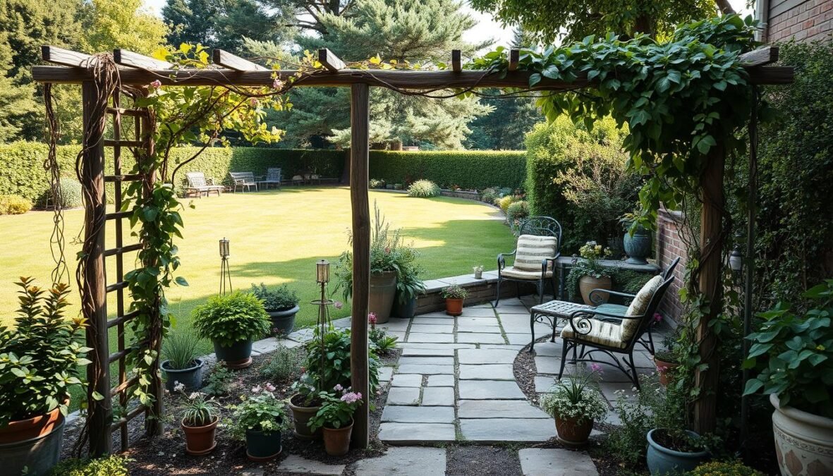 Photorealistic garden scene with a unique and creative homemade privacy screen. In the foreground, an elegant wooden trellis framework entwined with lush, cascading vines and flowers, providing a natural and organic sense of enclosure. In the middle ground, a variety of potted plants, stone pathways, and weathered garden furniture create a cozy and inviting atmosphere. The background features a well-manicured lawn, with mature trees and shrubs providing a serene and verdant backdrop. Gentle natural lighting casts soft shadows, enhancing the textural details and creating a warm, peaceful ambiance. The overall composition conveys a sense of craftsmanship, creativity, and a harmonious blend of natural and man-made elements in the garden.