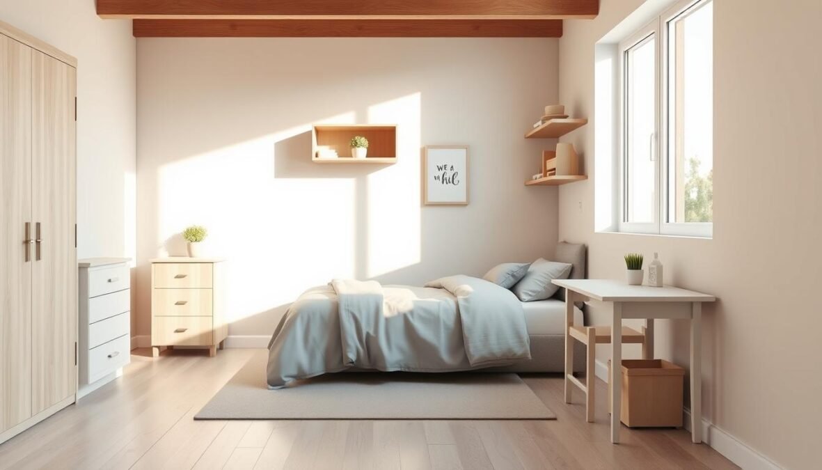 Photorealistic image of a cozy and organized small child's bedroom with minimal furnishings. A single bed with a soft gray bedding set occupies the center, complemented by a small dresser and a compact desk along the walls. Natural light streams in through a large window, casting a warm glow on the pale wood floor and walls. Carefully selected storage solutions, such as wall-mounted shelves and under-bed drawers, maximize the limited space. Subtle decorative touches, like a small potted plant and a framed print, add personality without cluttering the room. The atmosphere is serene, inviting, and perfectly suited for a growing child.