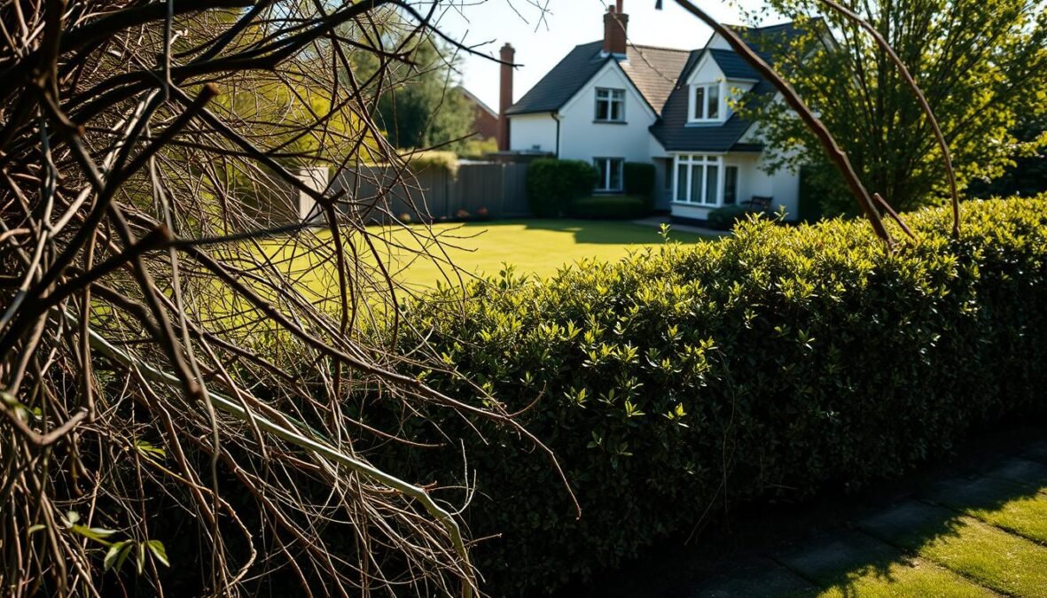 Photorealistic image of a dangerous, overgrown hedge encroaching onto a residential property. The foreground depicts tangled, unkempt branches casting menacing shadows. The middle ground shows the hedge aggressively extending beyond its designated boundaries, infringing on the neighboring yard. In the background, a well-maintained lawn and pristine home create a stark contrast, highlighting the risks and consequences of unchecked hedge growth. Natural lighting casts dramatic shadows, emphasizing the hazardous nature of the situation. Realistic imperfections, such as uneven foliage and slightly blurred edges, add to the sense of urgency and potential legal complications.