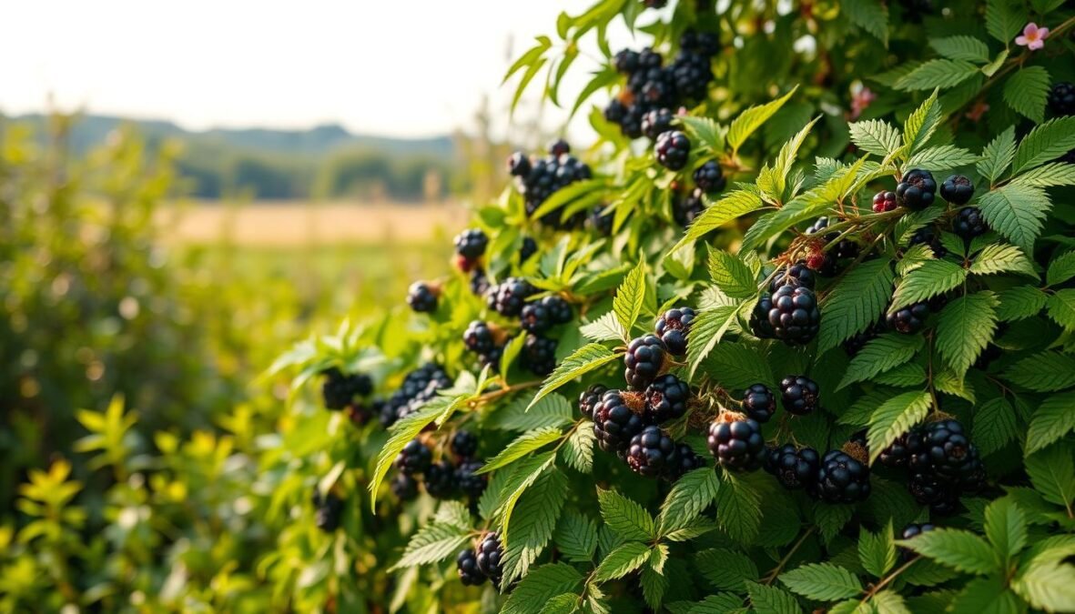 Photorealistic image of a lush green elderberry bush in a natural garden setting, captured with a DSLR 85mm lens under soft, natural lighting. The bush is full of ripe, dark purple elderberries, with intricate leaf patterns and delicate blossoms. The foreground showcases the intricate texture of the elderberry's bark, while the middle ground reveals the plant's overall shape and size, nestled among other vibrant greenery. The background subtly blurs into a serene, natural landscape, conveying a sense of tranquility and harmony. The image highlights the elderberry's visual appeal, as well as the care and attention required to maintain it in an ecological garden.