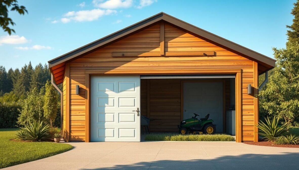 Photorealistic image of a well-crafted garage designed to house a robotic lawn mower. The structure features a slanted roof, wooden siding, and a large garage door that opens to reveal the interior. The garage is set against a natural backdrop, with lush greenery and a blue sky overhead. The lighting is soft and natural, creating a warm and inviting atmosphere. The camera angle is slightly elevated, capturing the garage from a slightly elevated perspective to showcase its thoughtful design and integration into the surrounding environment. The level of detail and realism is high, with accurate textures, shadows, and reflections, creating a visually stunning and technically impressive image.
