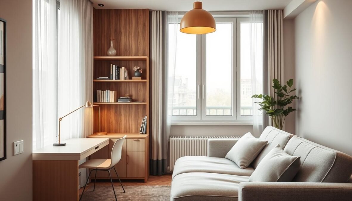 Photorealistic multifunctional furniture in a cozy 1-room apartment. A modern, compact desk with hidden storage and a minimalist design seamlessly integrates into the living space. Above it, a sleek wall-mounted shelving unit displays decorative items. In the foreground, a plush, convertible sofa-bed offers versatile seating and sleeping options. Soft, warm lighting from a pendant lamp creates a relaxing ambiance, while natural light filters in through large windows. The overall atmosphere is one of efficient, stylish functionality within a small living area.