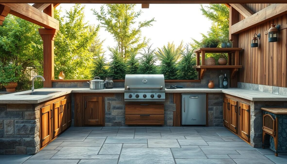 Photorealistic outdoor kitchen scene, built from natural wood and stone materials. Rustic, weathered textures with realistic imperfections. Warm, natural lighting illuminates the setup, casting soft shadows. Focal point is a large, functional grill surrounded by various prep surfaces and storage cabinets. Lush greenery and natural elements in the background create a peaceful, outdoor living ambiance. DSLR 85mm lens captures the scene with depth and clarity, showcasing the craftsmanship and attention to detail.
