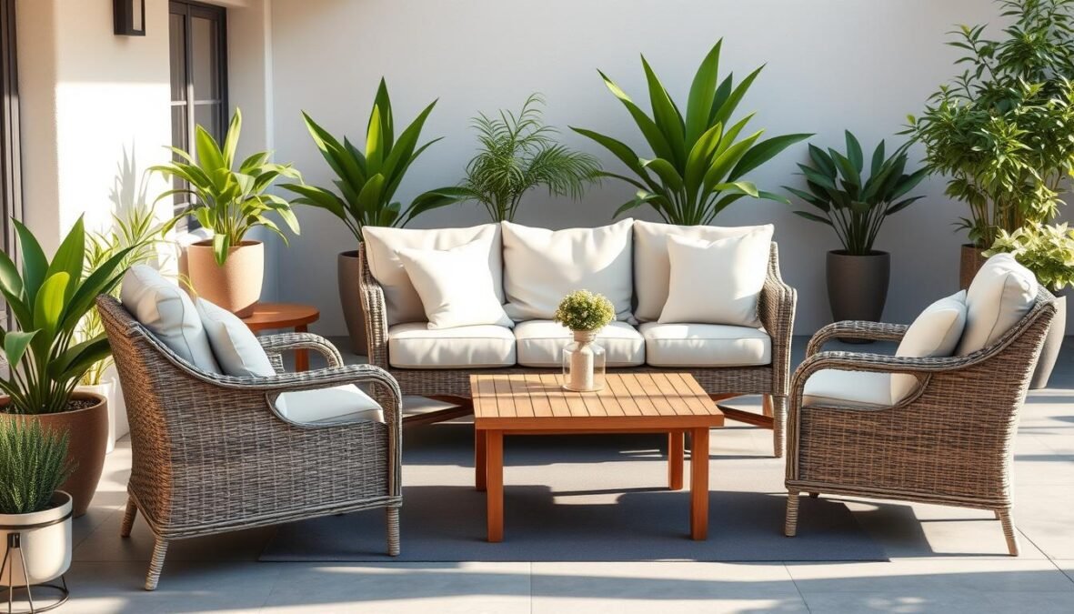 Photorealistic scene of a cozy outdoor patio with a set of stylish yet affordable garden furniture. The arrangement features a plush rattan sofa and armchairs, complemented by a minimalist wooden coffee table. Lush potted plants and a decorative lantern add natural accents, creating a warm, inviting atmosphere. Soft natural light filters through the scene, casting gentle shadows and highlights. The overall composition conveys a sense of relaxation and budget-friendly elegance, perfectly suited for the "Gartenmöbel, Accessoires und Atmosphäre preiswert gestalten" section.