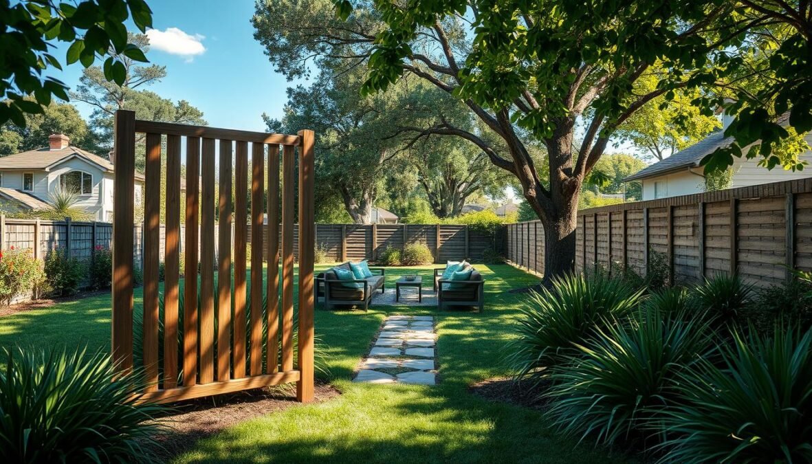 Sichtschutz standort: A picturesque backyard scene with a natural wooden privacy screen in the foreground, casting soft shadows across the lush greenery. The screen is positioned strategically, blending seamlessly into the landscape. In the middle ground, a well-maintained garden path leads the eye towards a cozy seating area, inviting relaxation. The background showcases a tranquil suburban setting, with mature trees and a clear blue sky overhead, illuminated by natural, diffused lighting. The overall composition conveys a sense of privacy, harmony, and connection with the outdoors.