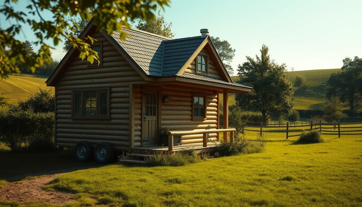 Tiny house nestled in a serene countryside setting, with a well-maintained wooden exterior and a charming pitched roof. The home is surrounded by lush greenery, with a neatly trimmed lawn and a few scattered trees in the background. The lighting is natural, with soft, diffused sunlight filtering through the scene, creating a warm and inviting atmosphere. The image is captured with a DSLR 85mm lens, resulting in a realistic, photorealistic depiction of the tiny house and its surroundings, complete with subtle imperfections that add to the overall authenticity of the scene.
