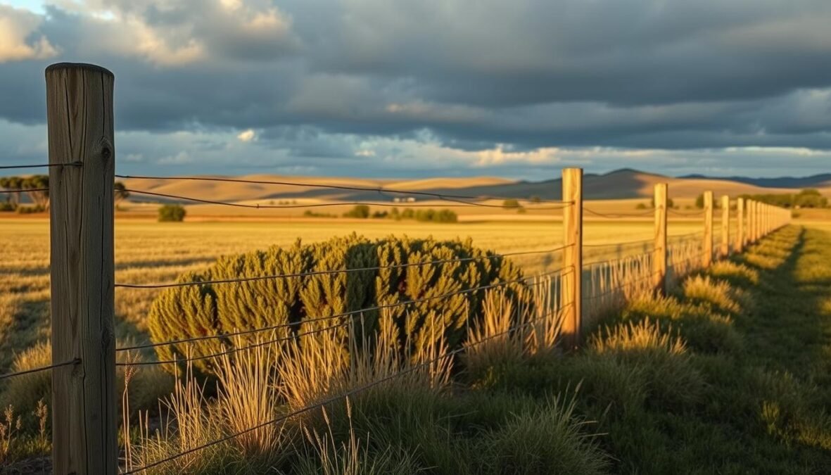 Zustimmung Grenzanlage: A photorealistic scene of a wooden fence erected along a rural property line, casting natural shadows in the soft afternoon light. The fence posts are weathered and imperfections in the wood grain are visible, lending a sense of authenticity. In the middle ground, well-tended bushes and shrubs line the boundary, while in the background, rolling hills and a cloudy sky create a sense of peaceful isolation. The overall atmosphere conveys a subtle tension, as if the fence's presence on the shared border has disrupted the tranquility of the surrounding landscape.